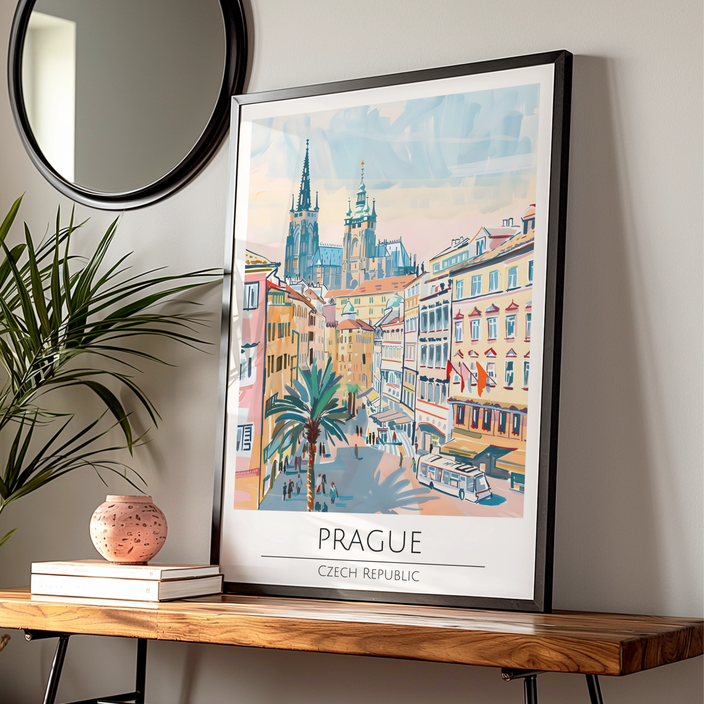 Prague Illustrative Art Poster, Czech Republic Skyline, Architectural Wall Art, Vibrant Cityscape