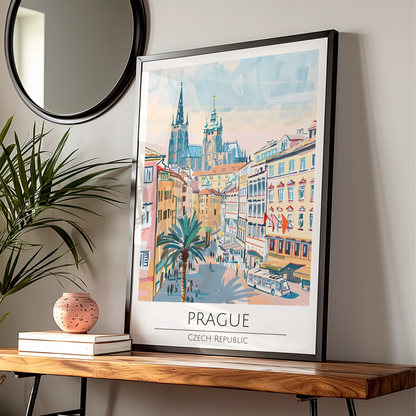 Prague Illustrative Art Poster, Czech Republic Skyline, Architectural Wall Art, Vibrant Cityscape