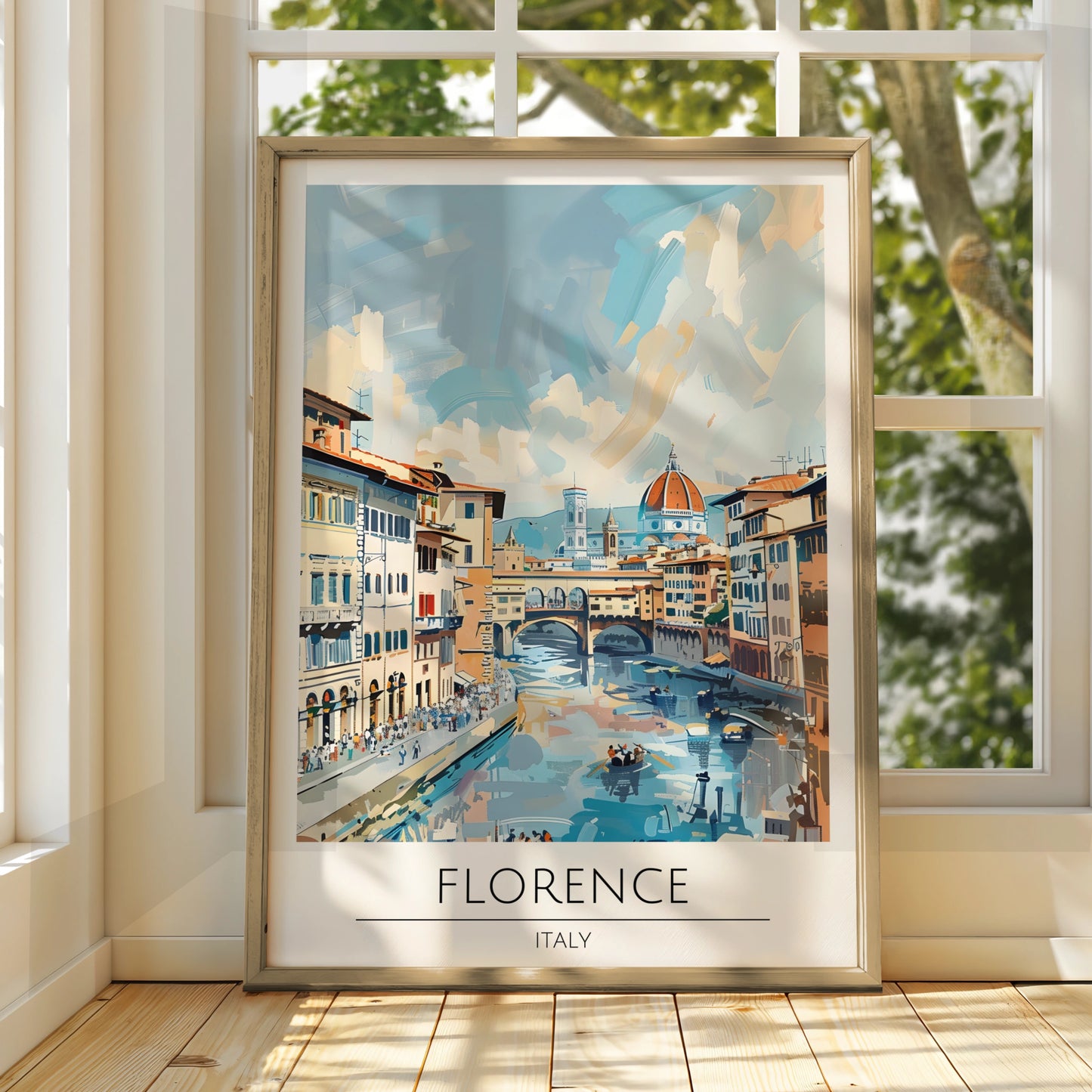 Florence Italy Art Print, Ponte Vecchio Poster, Italian Cityscape Wall Art, Blue and Peach Decor