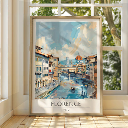 Florence Italy Art Print, Ponte Vecchio Poster, Italian Cityscape Wall Art, Blue and Peach Decor