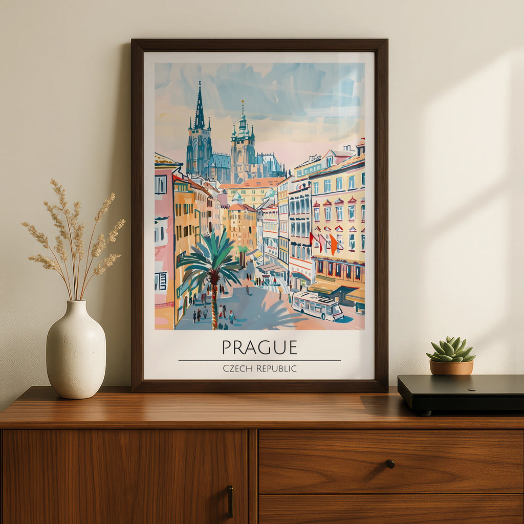 Prague Illustrative Art Poster, Czech Republic Skyline, Architectural Wall Art, Vibrant Cityscape