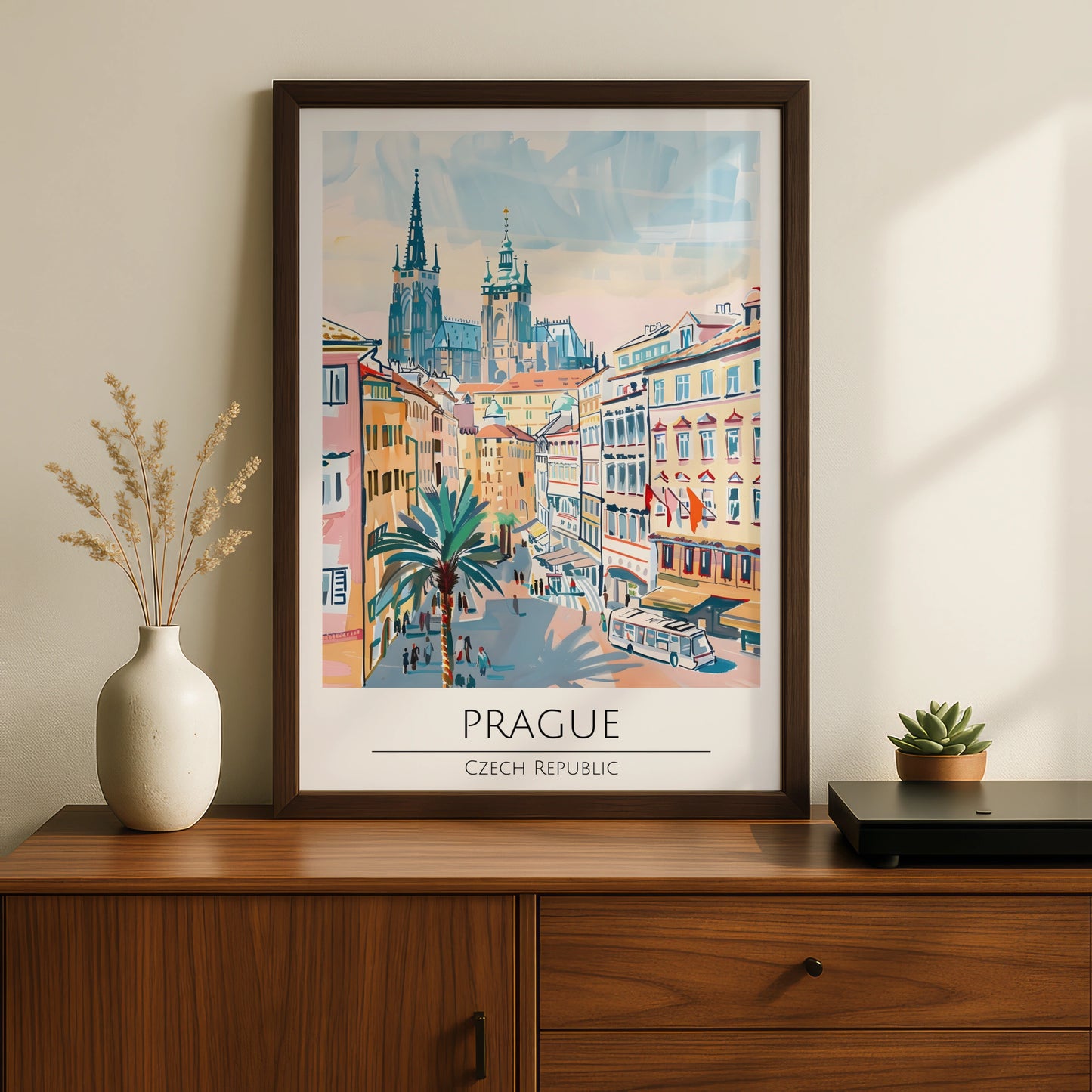 Prague Illustrative Art Poster, Czech Republic Skyline, Architectural Wall Art, Vibrant Cityscape
