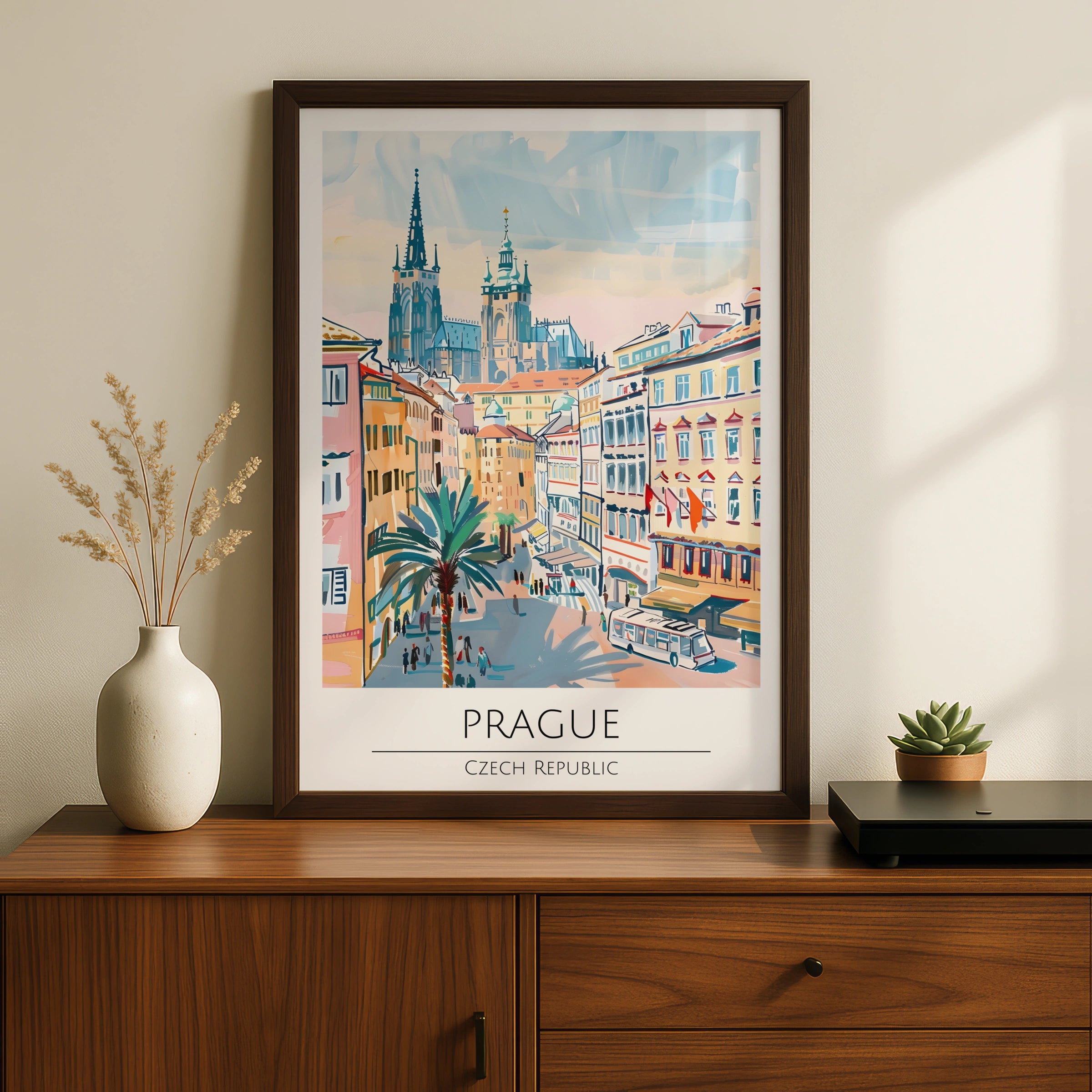 Prague Illustrative Art Poster, Czech Republic Skyline, Architectural Wall Art, Vibrant Cityscape