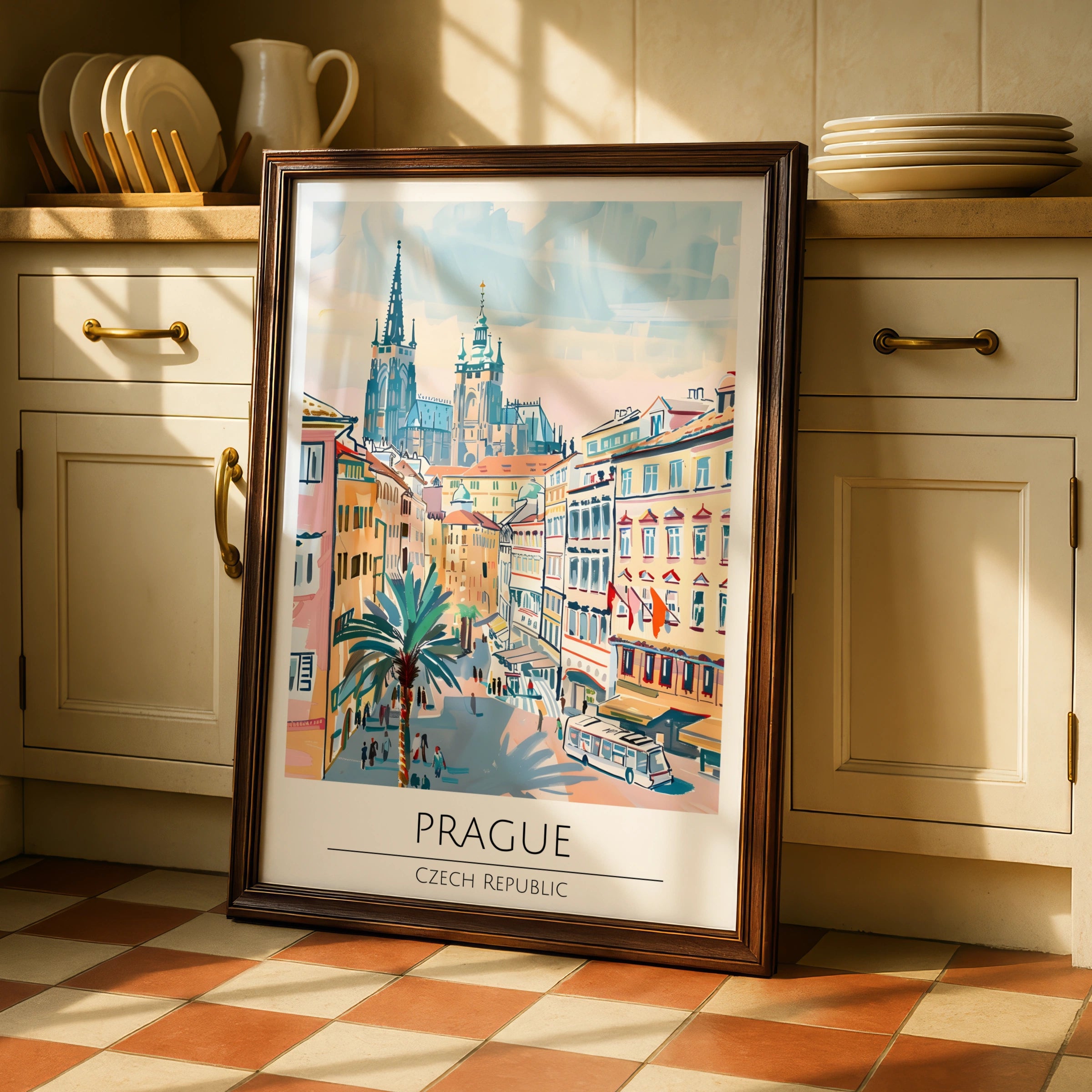 Prague Illustrative Art Poster, Czech Republic Skyline, Architectural Wall Art, Vibrant Cityscape