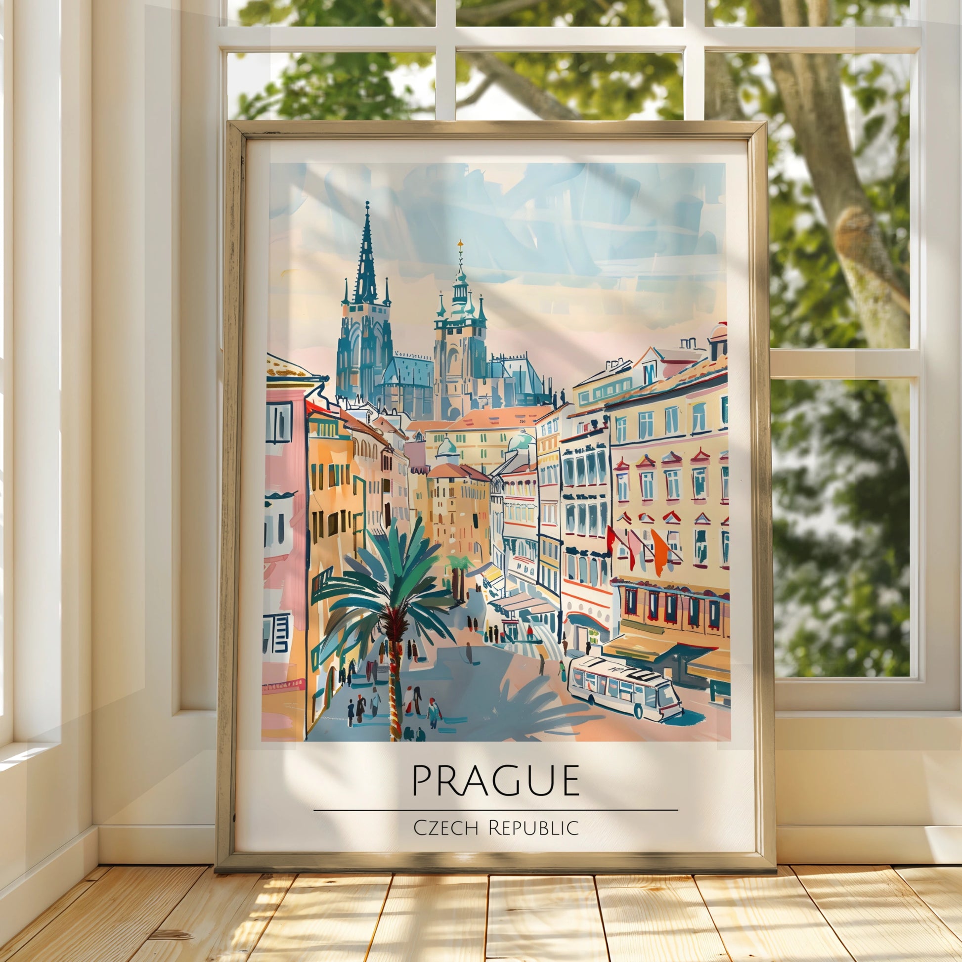 Prague Illustrative Art Poster, Czech Republic Skyline, Architectural Wall Art, Vibrant Cityscape