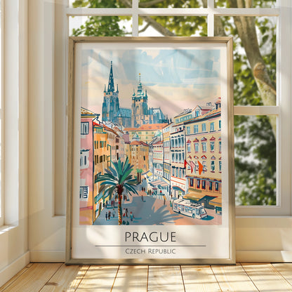 Prague Illustrative Art Poster, Czech Republic Skyline, Architectural Wall Art, Vibrant Cityscape
