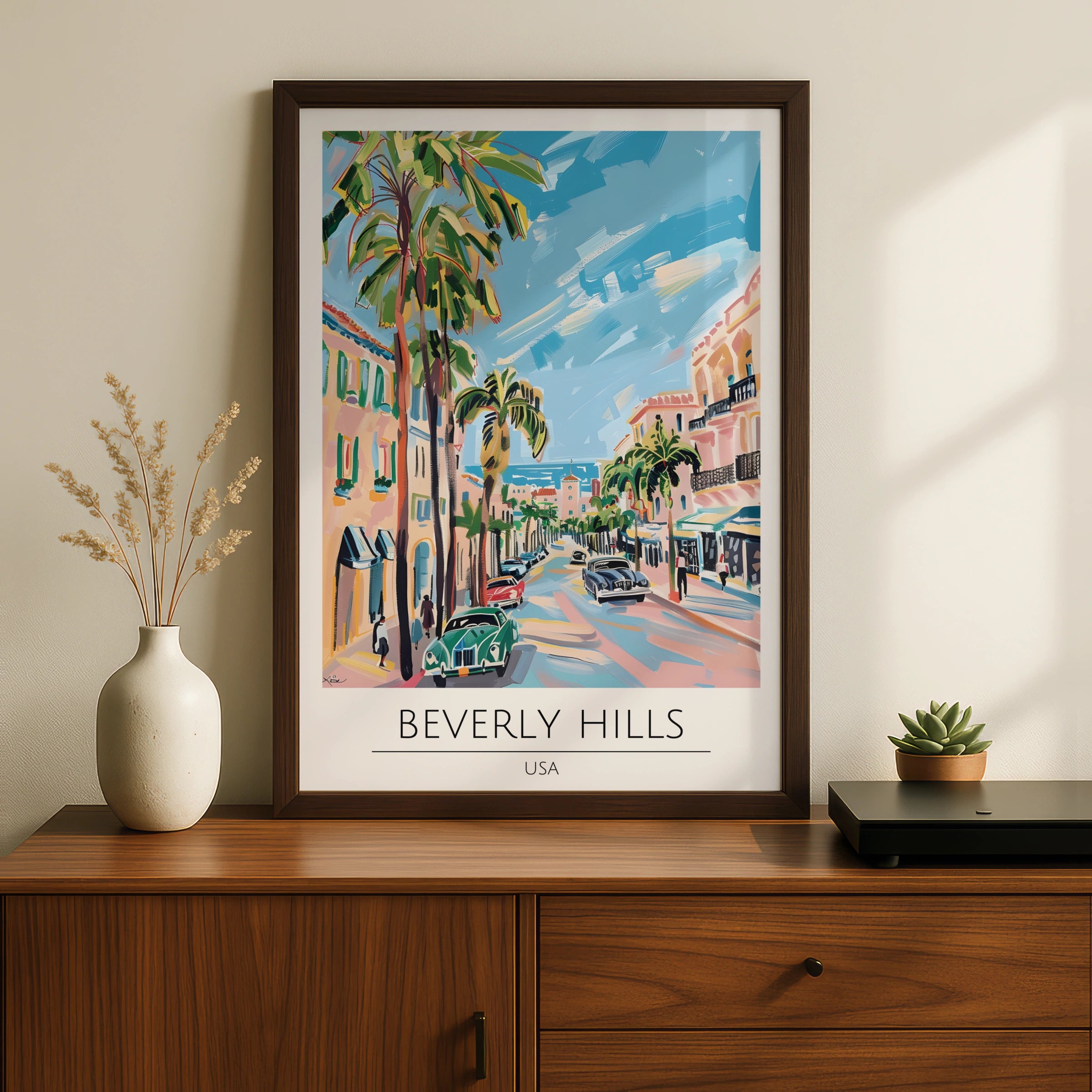 Beverly Hills Poster Art, Vintage California Wall Art, Palm Tree Decor, Colourful Cityscape