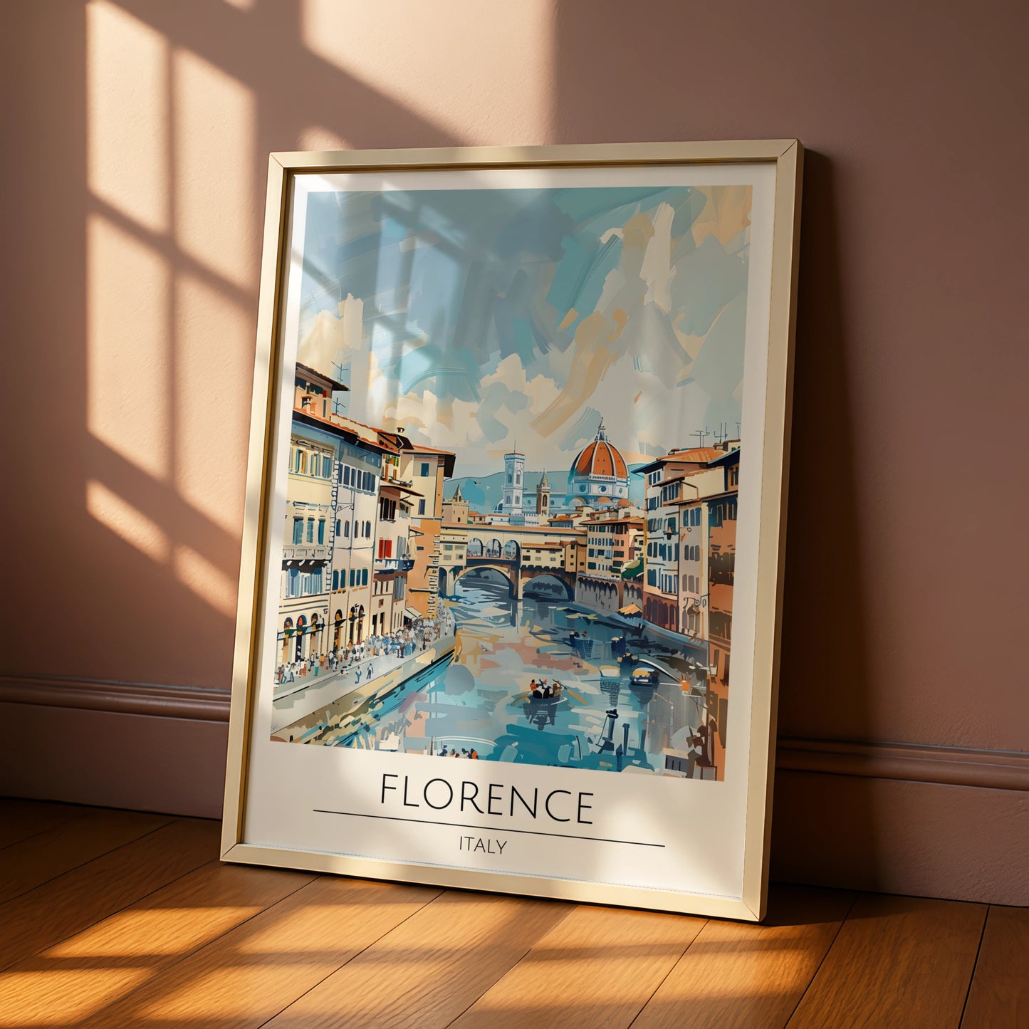 Florence Italy Art Print, Ponte Vecchio Poster, Italian Cityscape Wall Art, Blue and Peach Decor