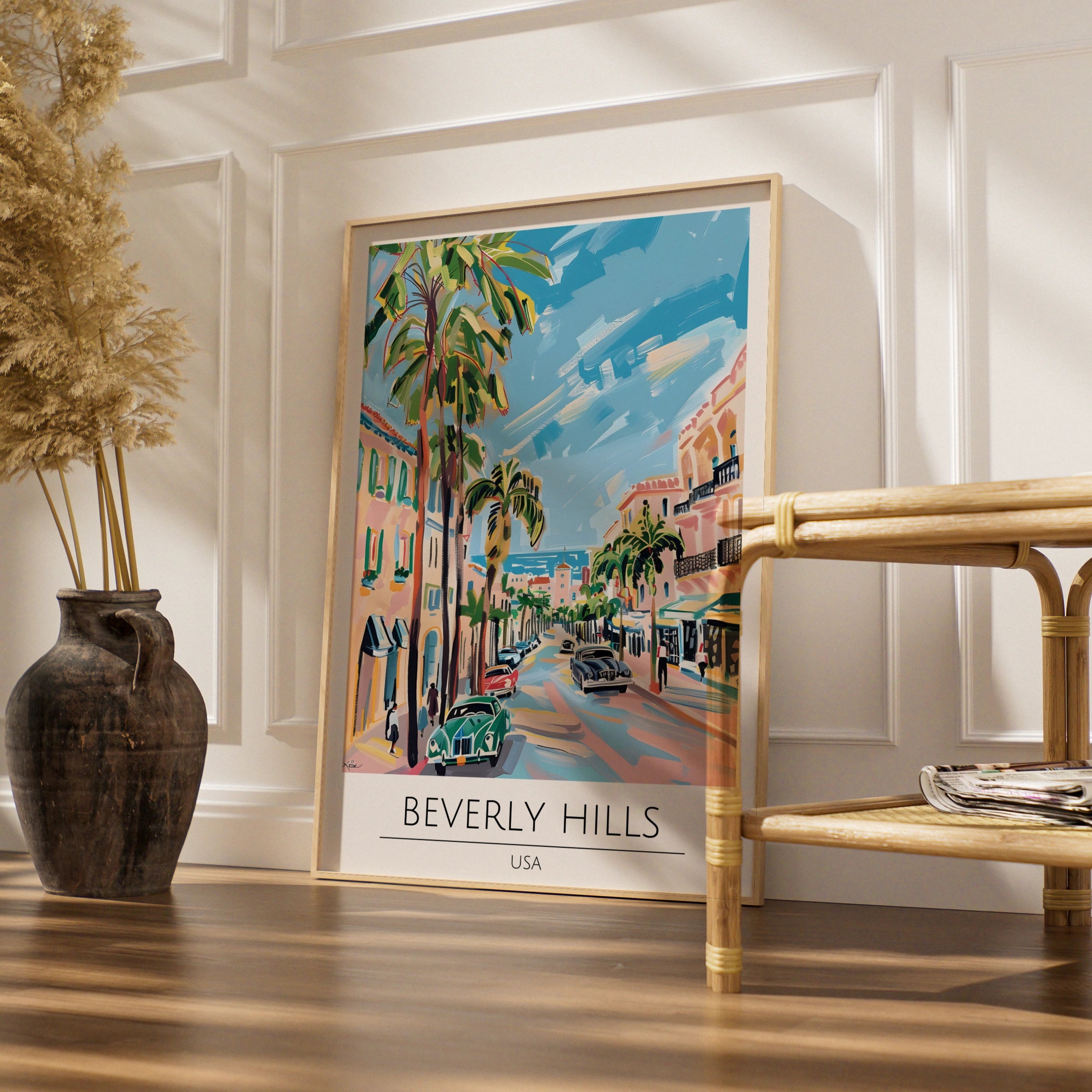 Beverly Hills Poster Art, Vintage California Wall Art, Palm Tree Decor, Colourful Cityscape