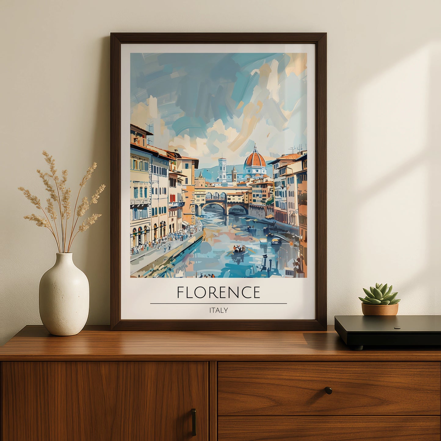 Florence Italy Art Print, Ponte Vecchio Poster, Italian Cityscape Wall Art, Blue and Peach Decor