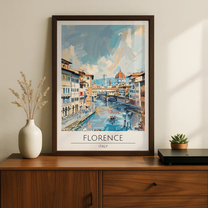 Florence Italy Art Print, Ponte Vecchio Poster, Italian Cityscape Wall Art, Blue and Peach Decor