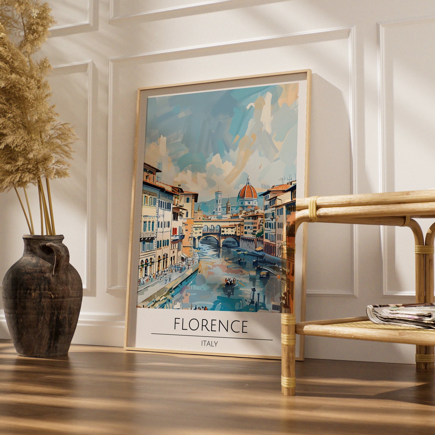 Florence Italy Art Print, Ponte Vecchio Poster, Italian Cityscape Wall Art, Blue and Peach Decor