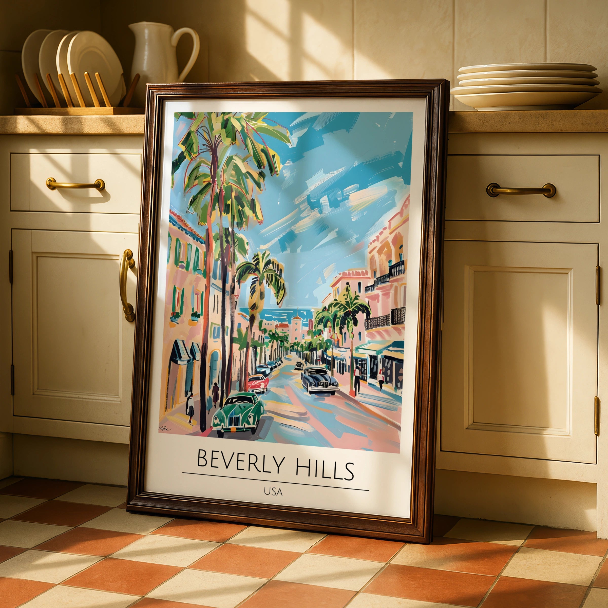 Beverly Hills Poster Art, Vintage California Wall Art, Palm Tree Decor, Colourful Cityscape