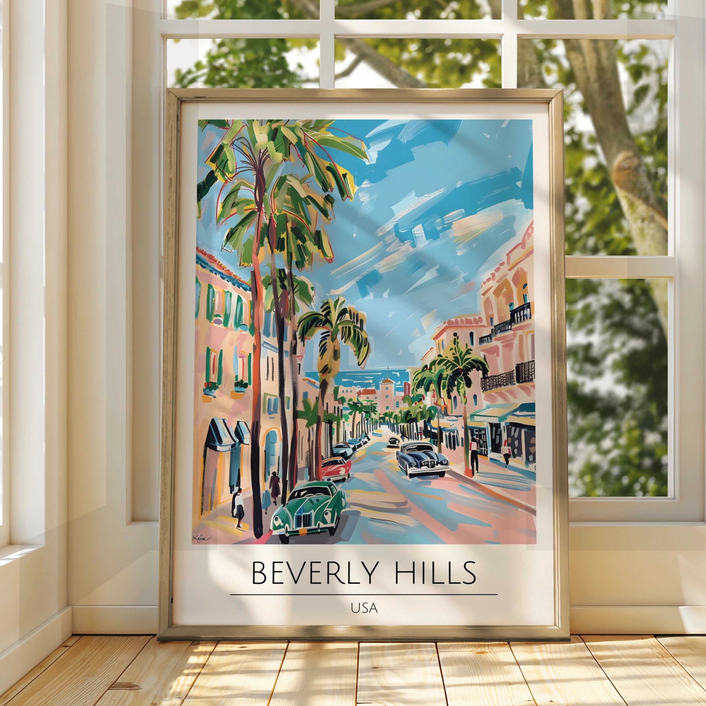 Beverly Hills Poster Art, Vintage California Wall Art, Palm Tree Decor, Colourful Cityscape