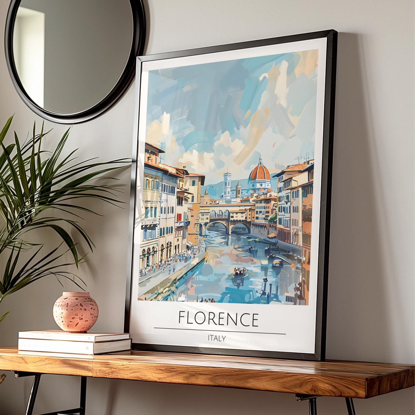 Florence Italy Art Print, Ponte Vecchio Poster, Italian Cityscape Wall Art, Blue and Peach Decor