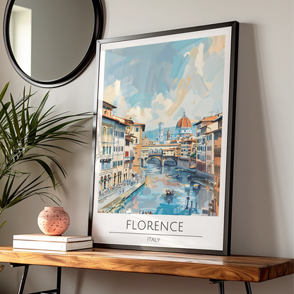 Florence Italy Art Print, Ponte Vecchio Poster, Italian Cityscape Wall Art, Blue and Peach Decor