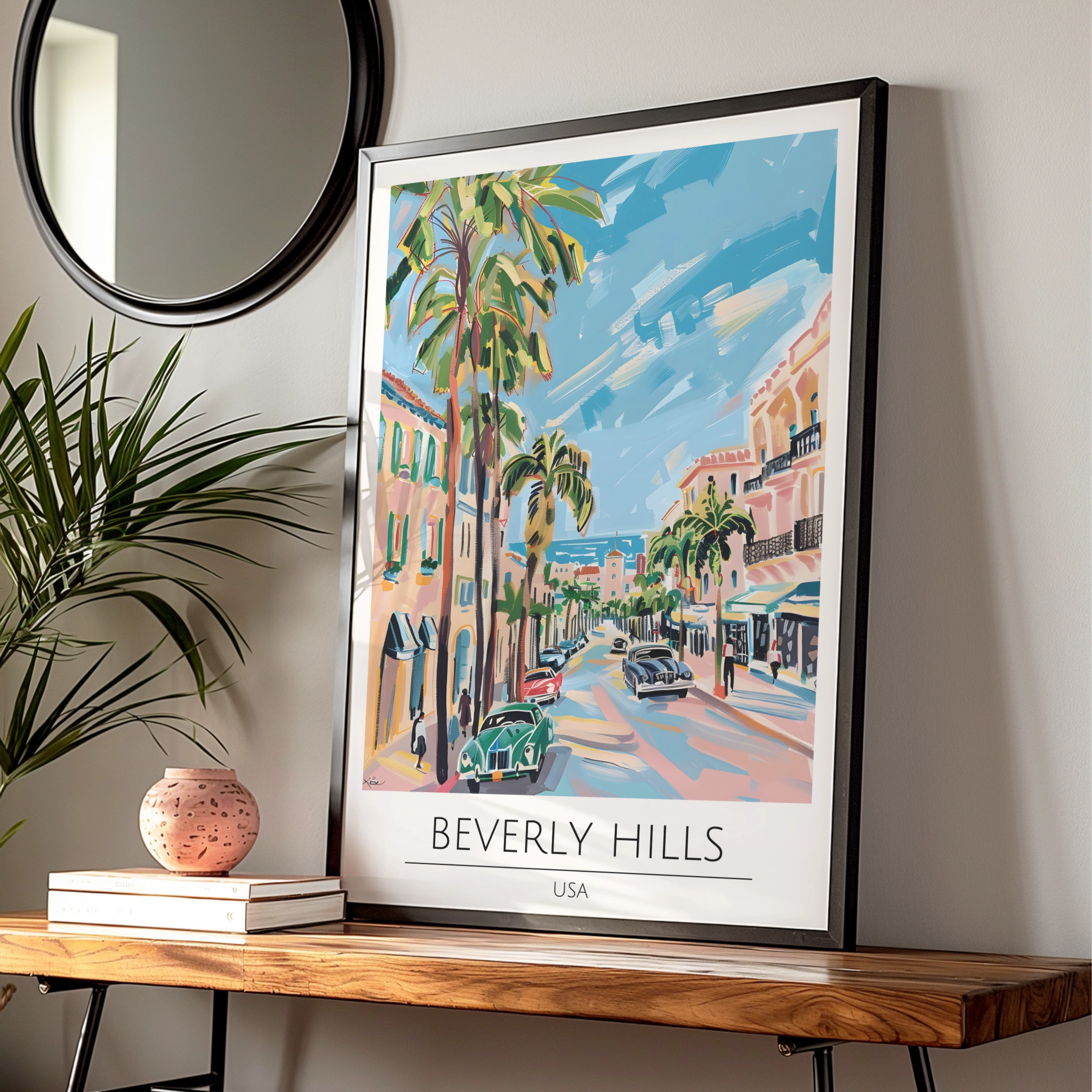 Beverly Hills Poster Art, Vintage California Wall Art, Palm Tree Decor, Colourful Cityscape