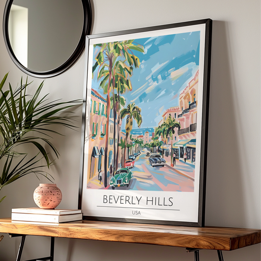 Beverly Hills Poster Art, Vintage California Wall Art, Palm Tree Decor, Colourful Cityscape