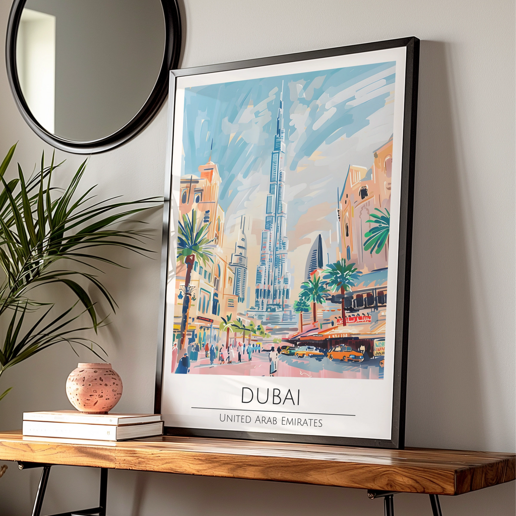 Vibrant Dubai Poster, Cityscape Art Print, Burj Khalifa, UAE Travel Decor, Colourful Maximalist