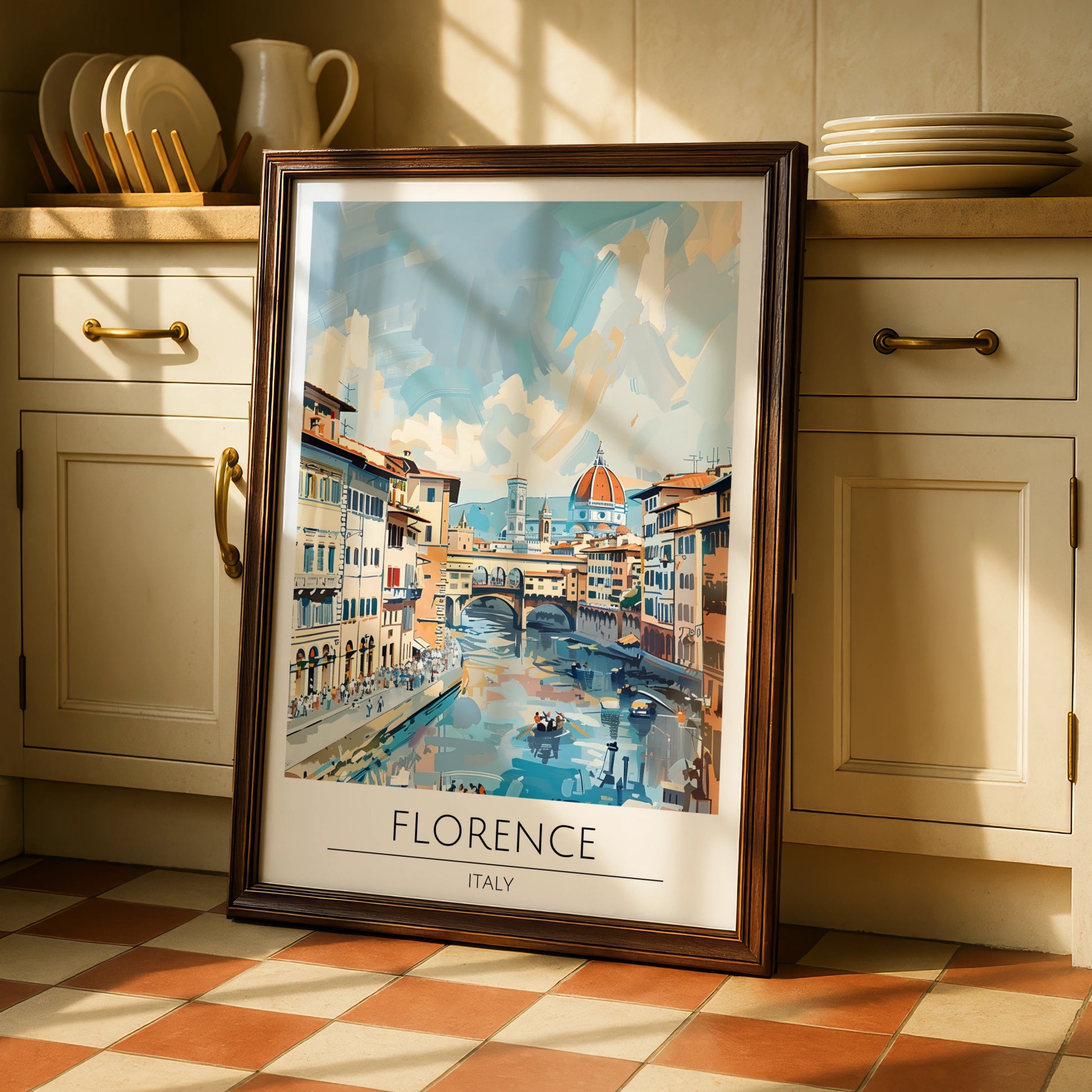 Florence Italy Art Print, Ponte Vecchio Poster, Italian Cityscape Wall Art, Blue and Peach Decor