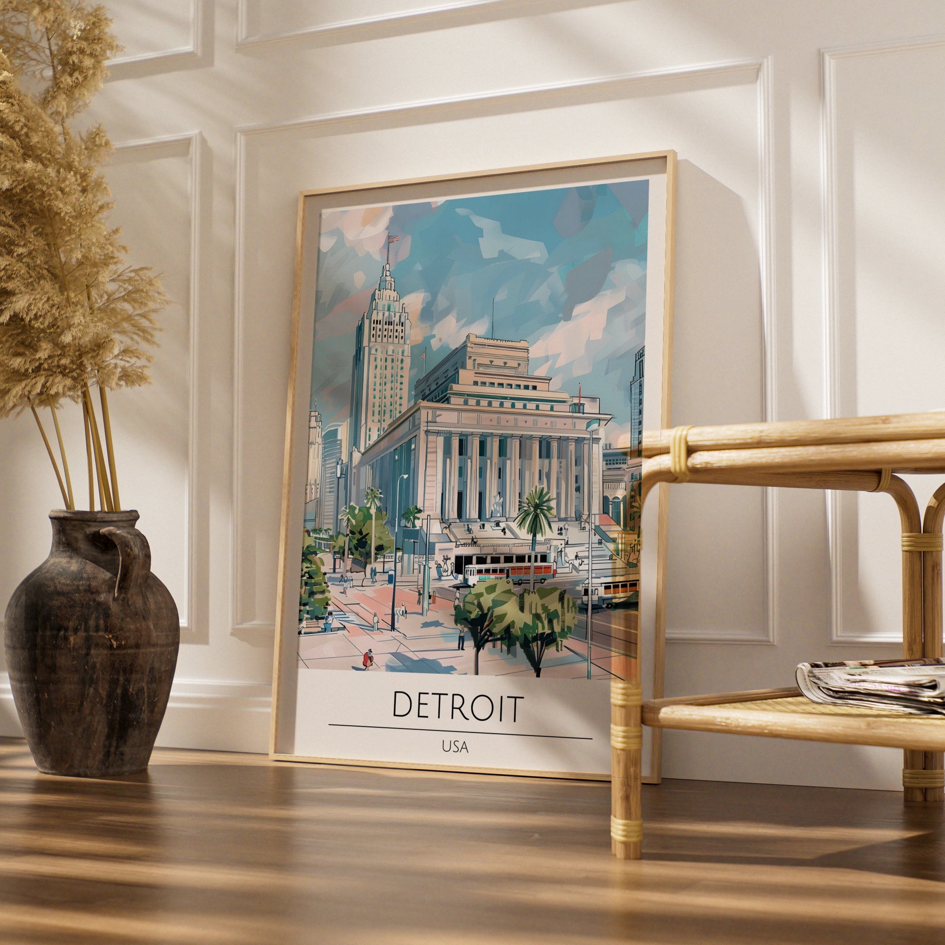 Detroit Cityscape Poster, Urban Art Print, Modern Architecture, USA Vintage Style Wall Art