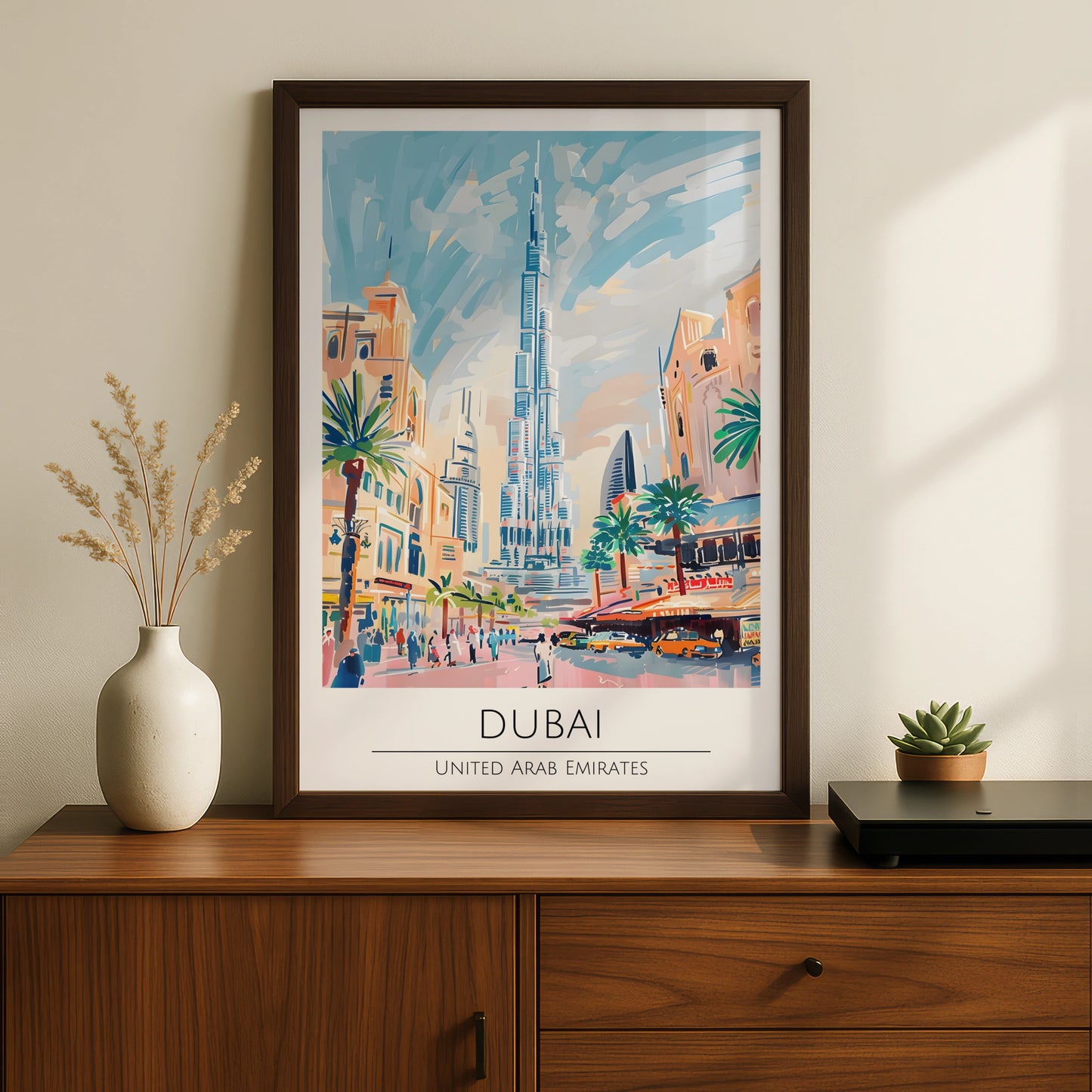 Vibrant Dubai Poster, Cityscape Art Print, Burj Khalifa, UAE Travel Decor, Colourful Maximalist