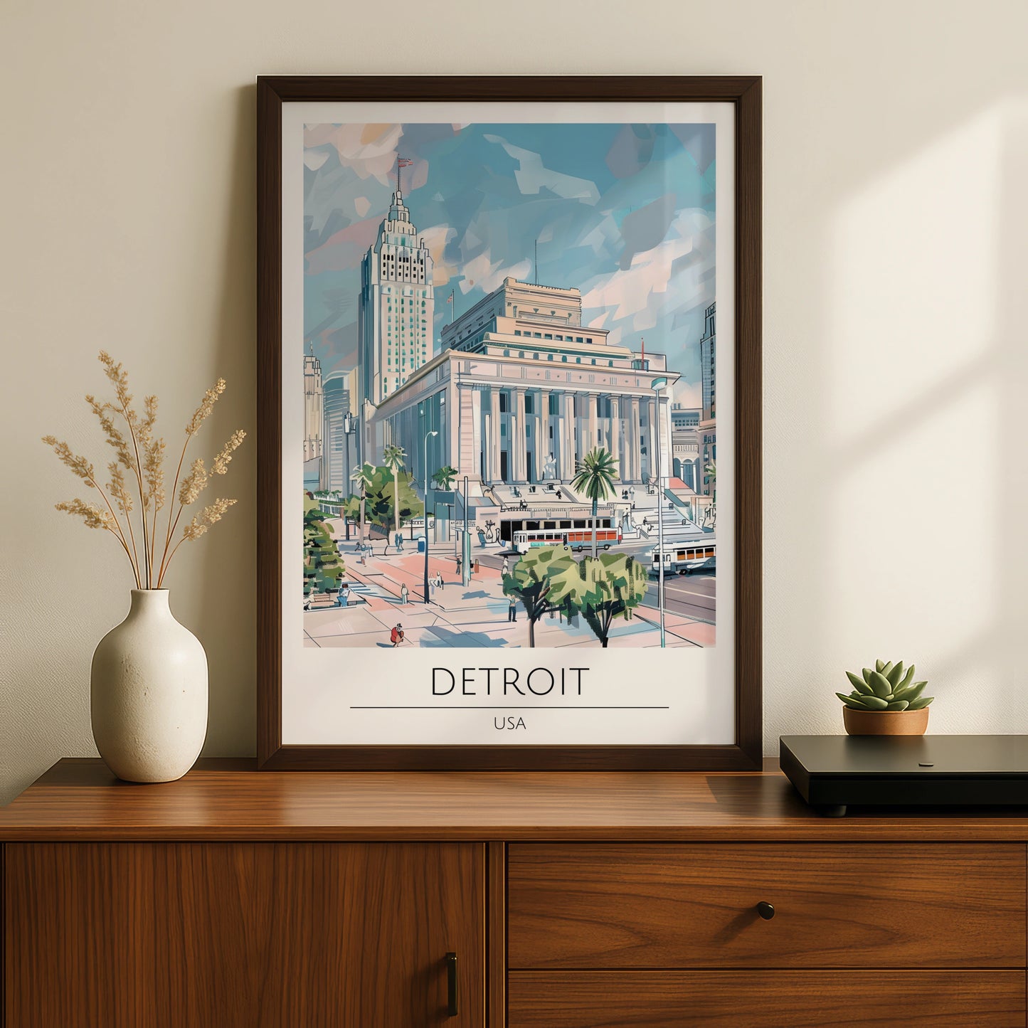 Detroit Cityscape Poster, Urban Art Print, Modern Architecture, USA Vintage Style Wall Art