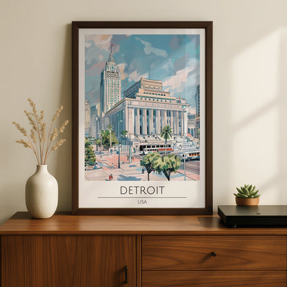 Detroit Cityscape Poster, Urban Art Print, Modern Architecture, USA Vintage Style Wall Art