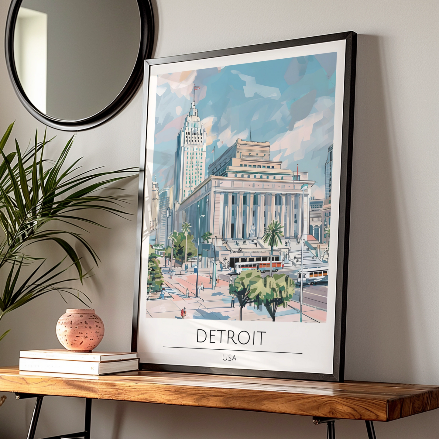 Detroit Cityscape Poster, Urban Art Print, Modern Architecture, USA Vintage Style Wall Art