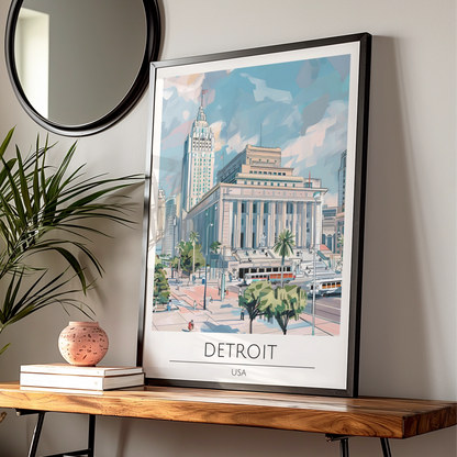 Detroit Cityscape Poster, Urban Art Print, Modern Architecture, USA Vintage Style Wall Art
