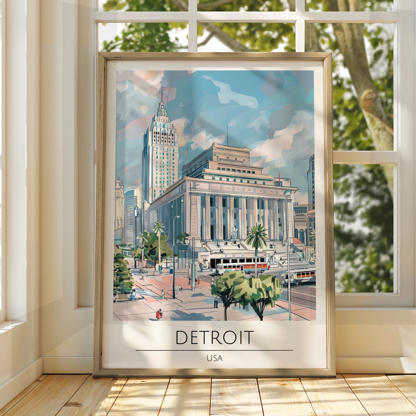 Detroit Cityscape Poster, Urban Art Print, Modern Architecture, USA Vintage Style Wall Art