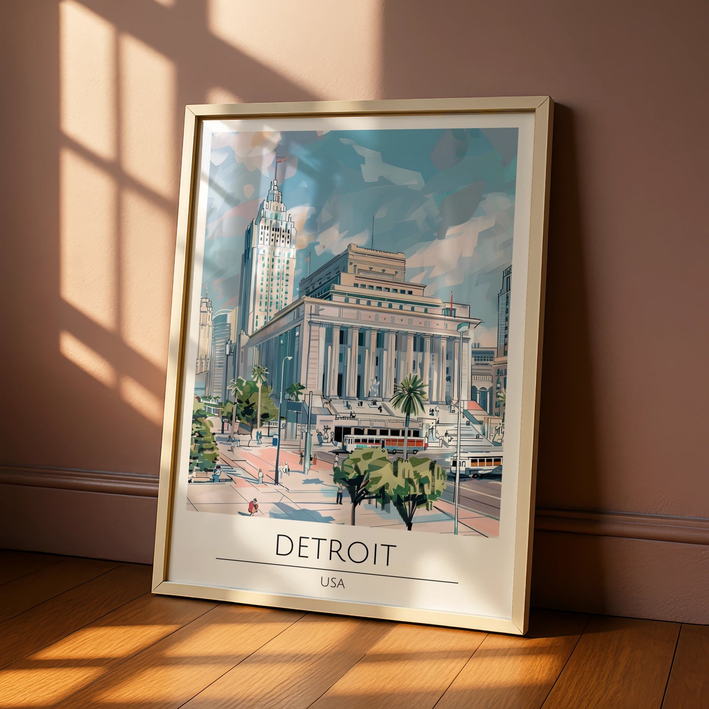 Detroit Cityscape Poster, Urban Art Print, Modern Architecture, USA Vintage Style Wall Art
