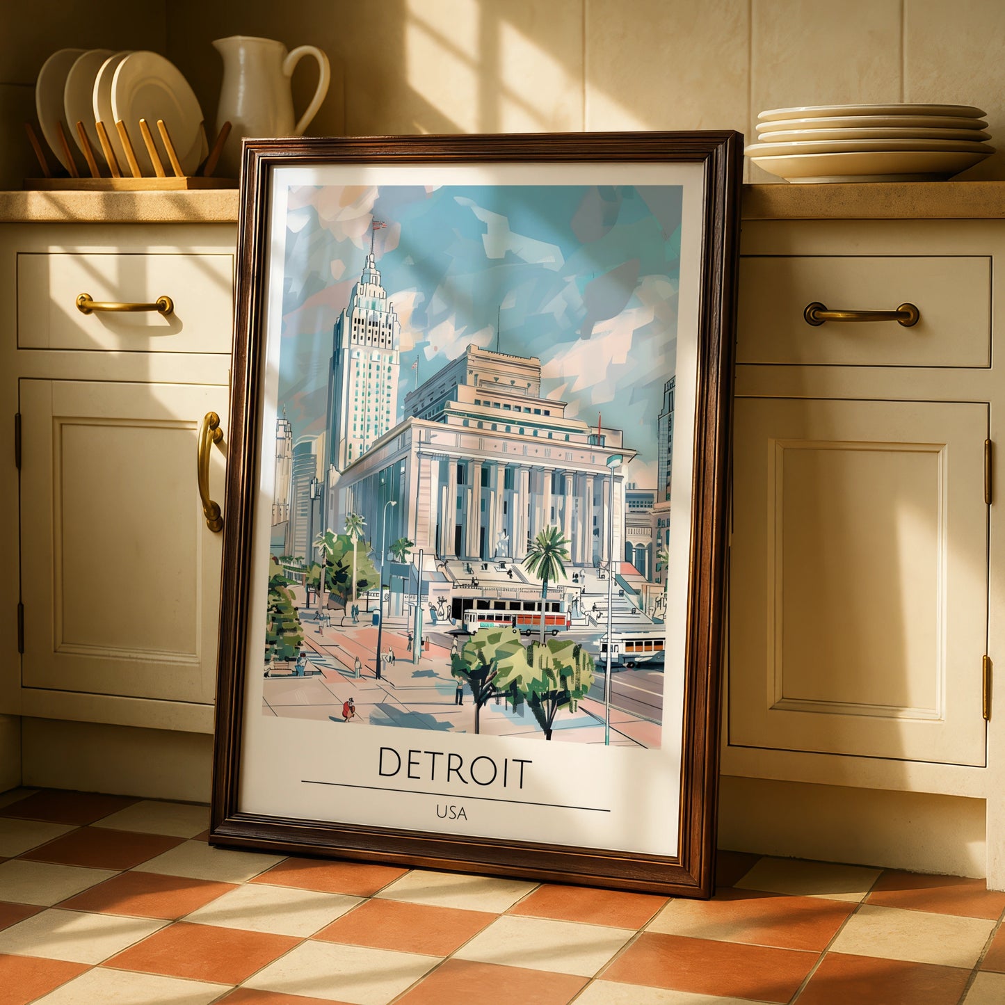 Detroit Cityscape Poster, Urban Art Print, Modern Architecture, USA Vintage Style Wall Art