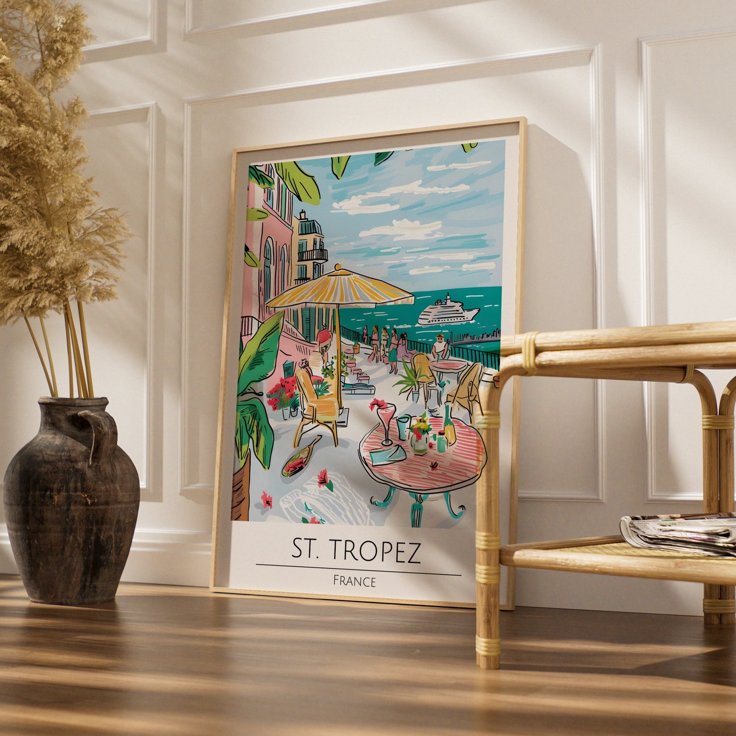 St. Tropez France Poster, Colourful Coastal Artwork, Tropical Summer Vibes, Maximalist Wall Art