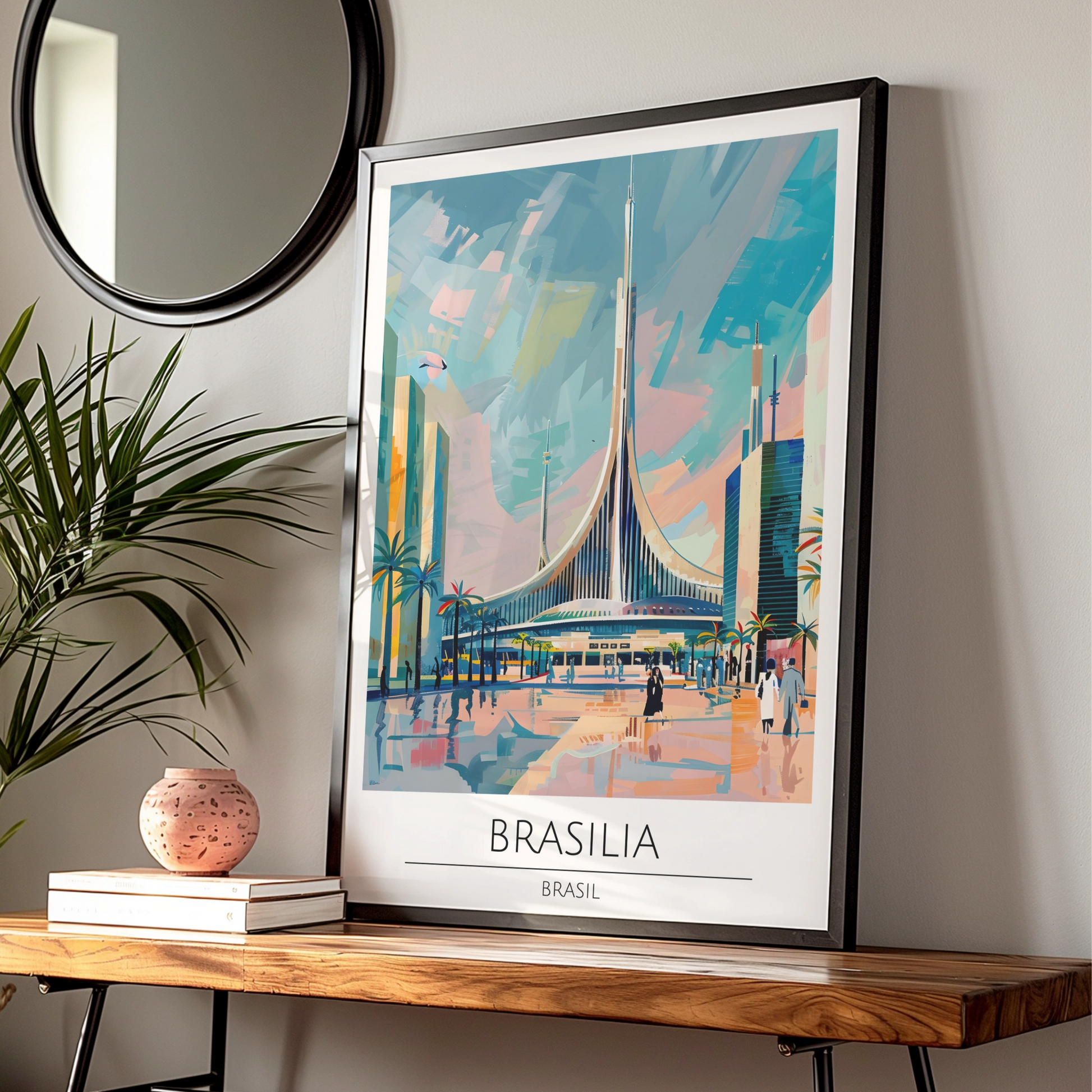 Brasilia Poster, Vintage Brasil Art, Modernist Architecture, Colourful Urban Scene, Travel Wall Art