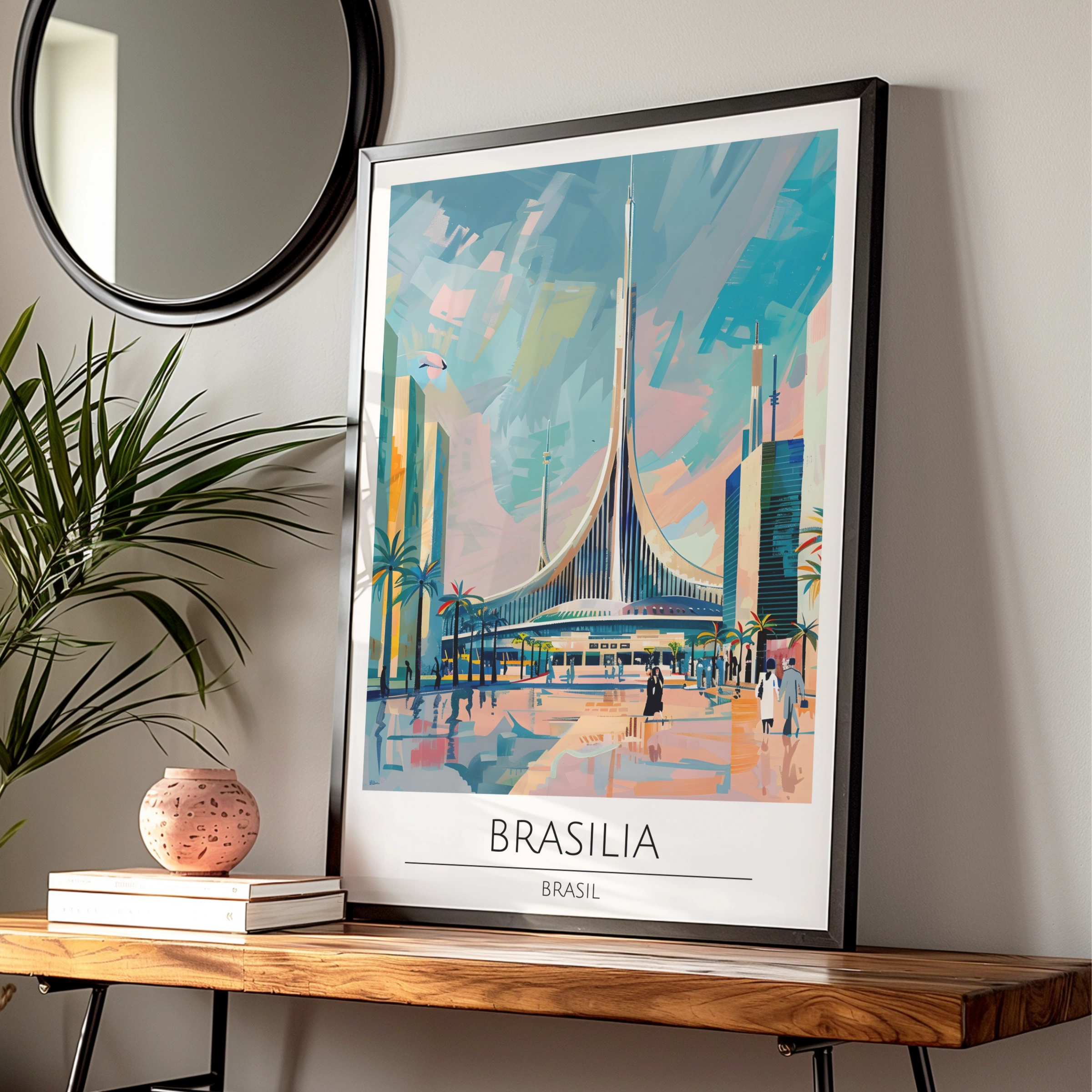 Brasilia Poster, Vintage Brasil Art, Modernist Architecture, Colourful Urban Scene, Travel Wall Art