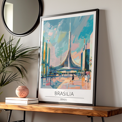 Brasilia Poster, Vintage Brasil Art, Modernist Architecture, Colourful Urban Scene, Travel Wall Art