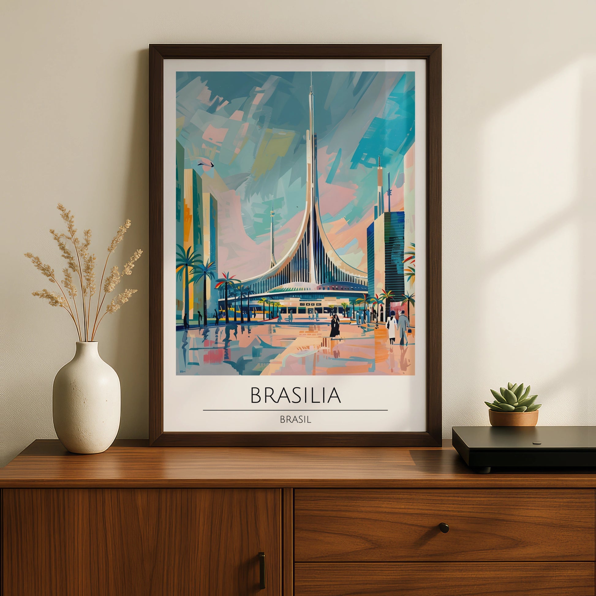 Brasilia Poster, Vintage Brasil Art, Modernist Architecture, Colourful Urban Scene, Travel Wall Art