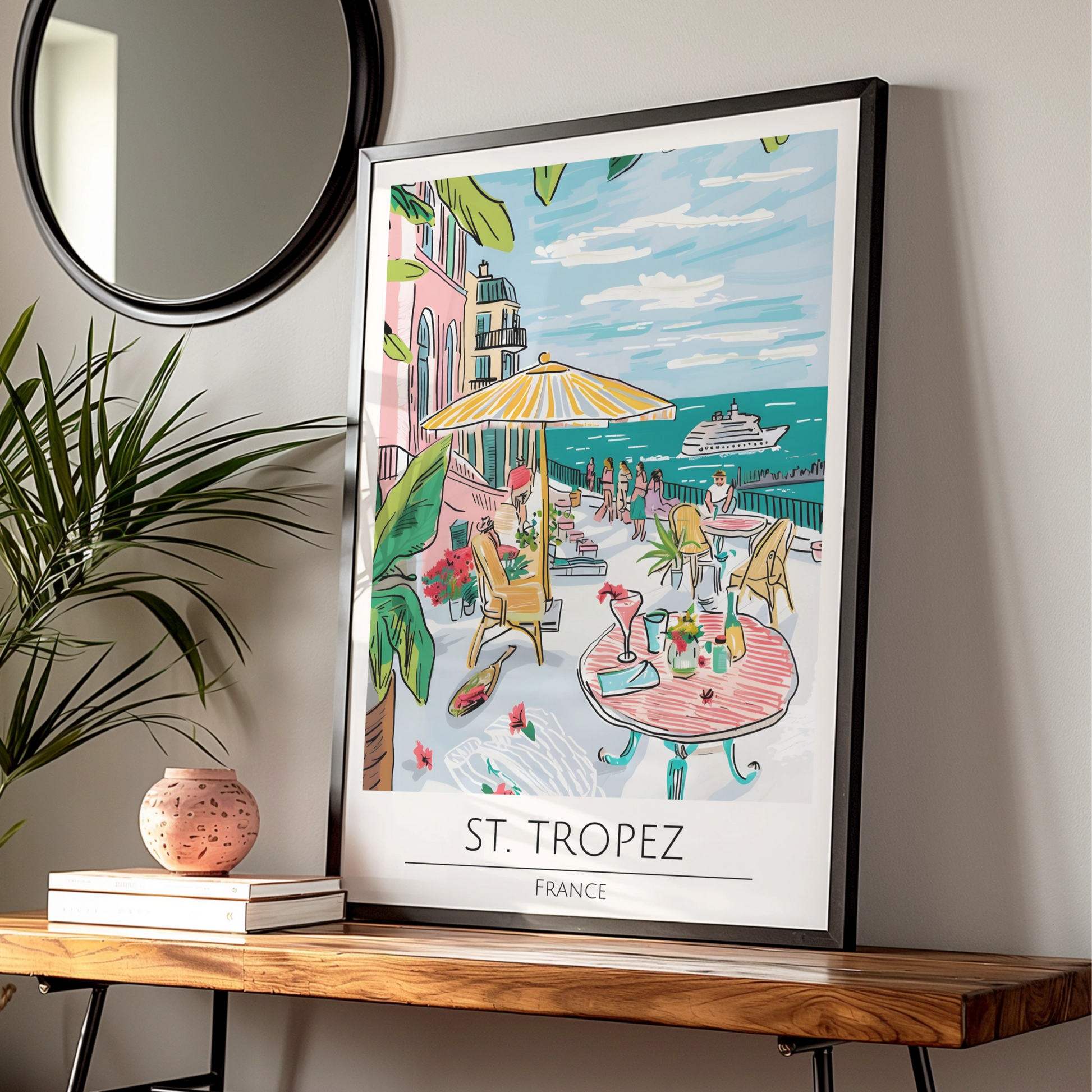 St. Tropez France Poster, Colourful Coastal Artwork, Tropical Summer Vibes, Maximalist Wall Art