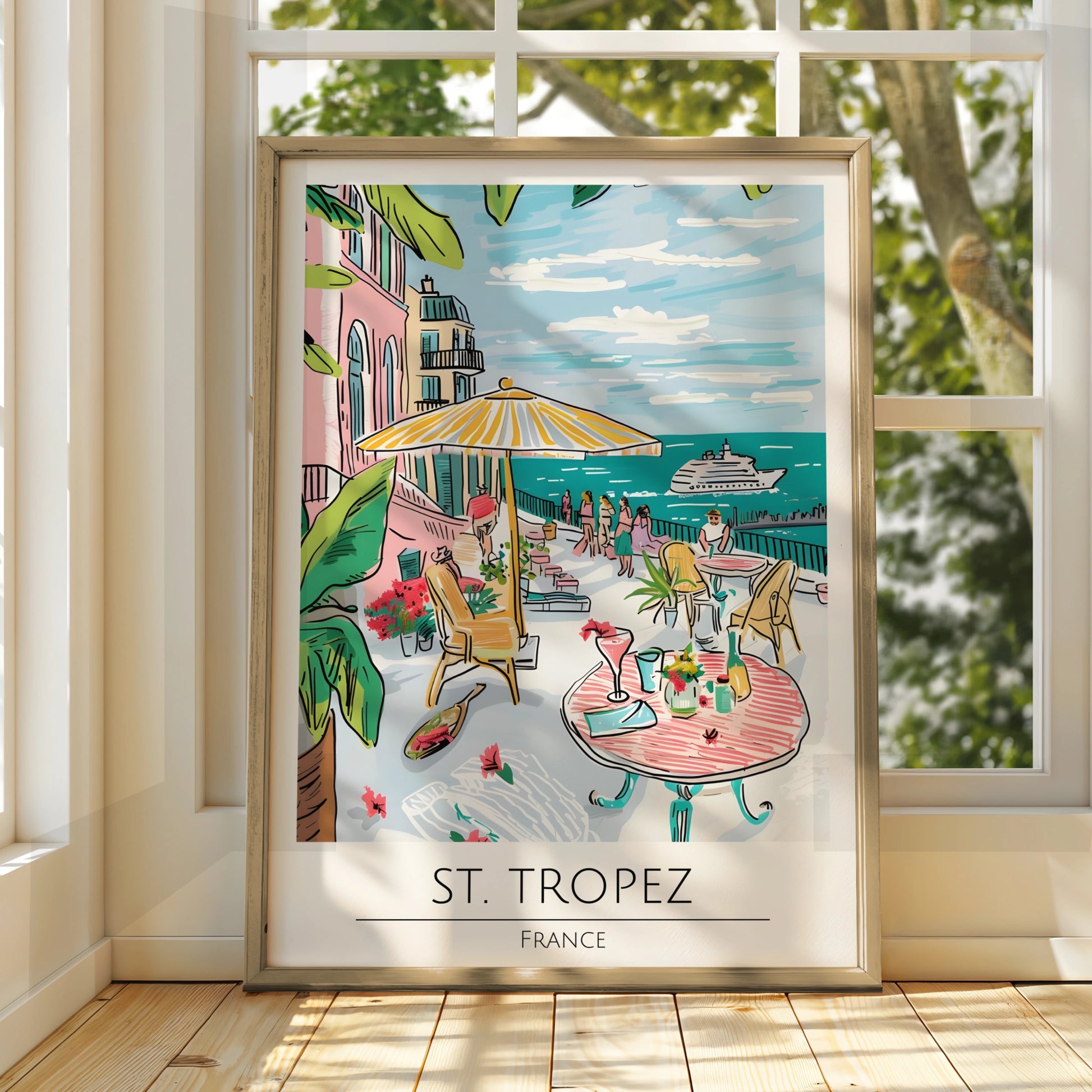 St. Tropez France Poster, Colourful Coastal Artwork, Tropical Summer Vibes, Maximalist Wall Art