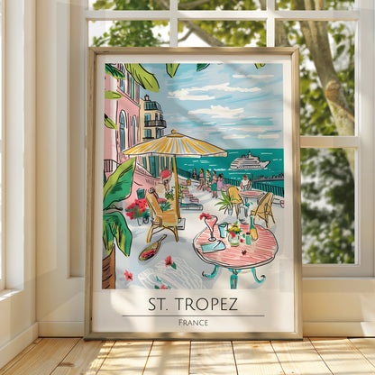 St. Tropez France Poster, Colourful Coastal Artwork, Tropical Summer Vibes, Maximalist Wall Art