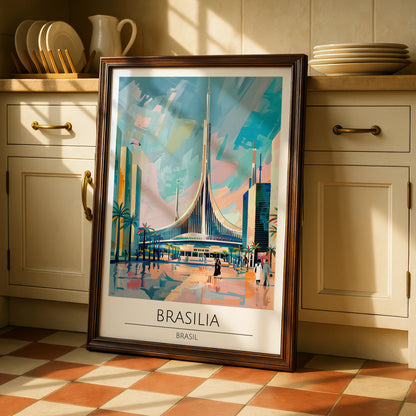 Brasilia Poster, Vintage Brasil Art, Modernist Architecture, Colourful Urban Scene, Travel Wall Art