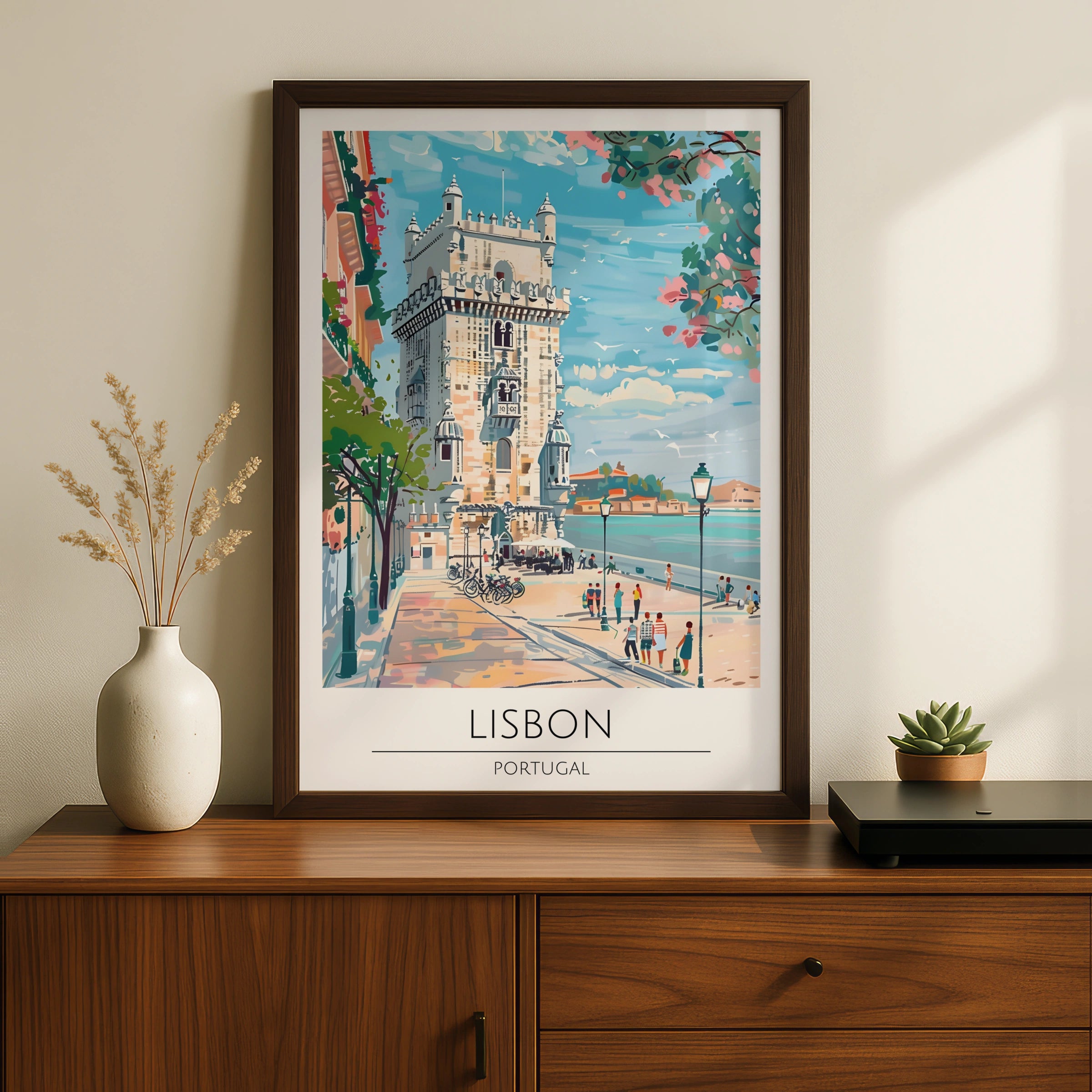 Lisbon Portugal Travel Poster, Colourful Vintage Art, Belem Tower Wall Decor, European Cityscape