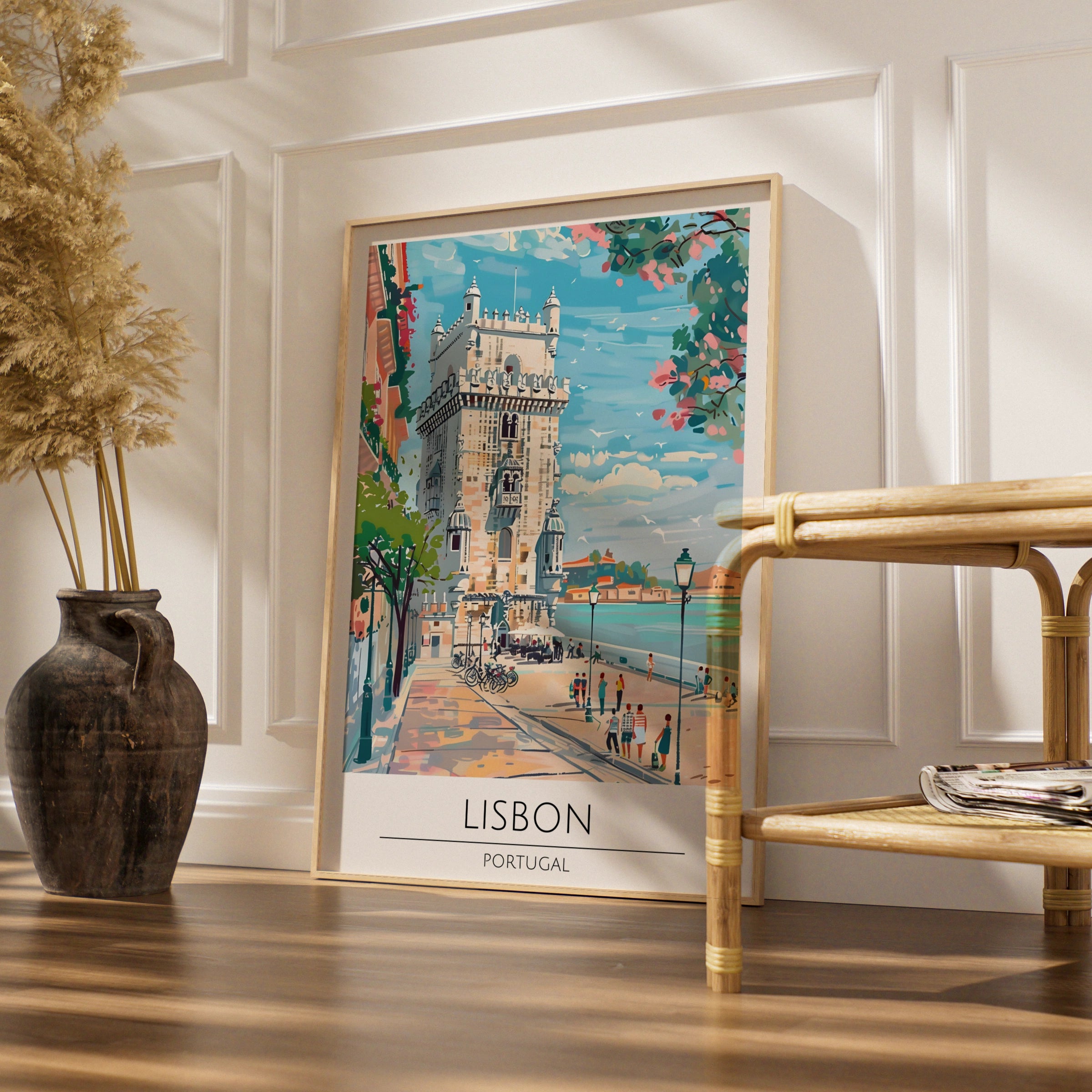 Lisbon Portugal Travel Poster, Colourful Vintage Art, Belem Tower Wall Decor, European Cityscape