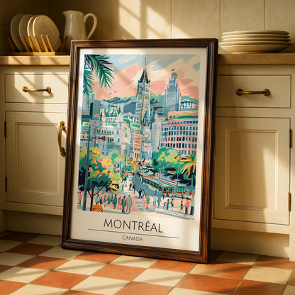 Montreal City Poster, Vibrant Urban Landscape Art, Canada Travel Wall Art, Colourful Architecture