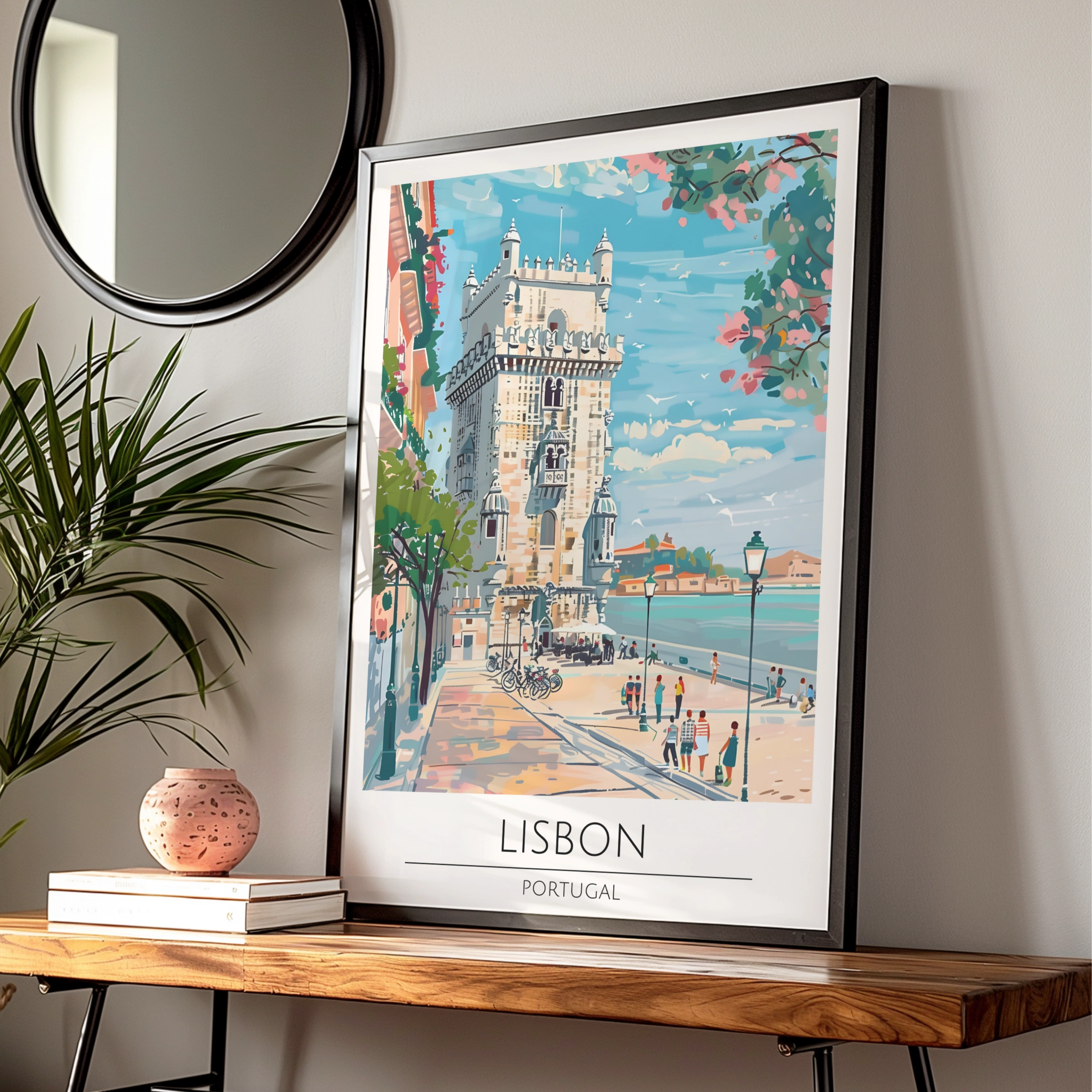Lisbon Portugal Travel Poster, Colourful Vintage Art, Belem Tower Wall Decor, European Cityscape