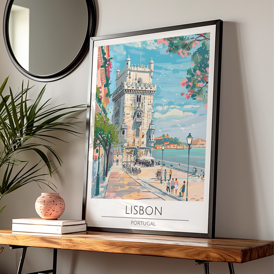 Lisbon Portugal Travel Poster, Colourful Vintage Art, Belem Tower Wall Decor, European Cityscape