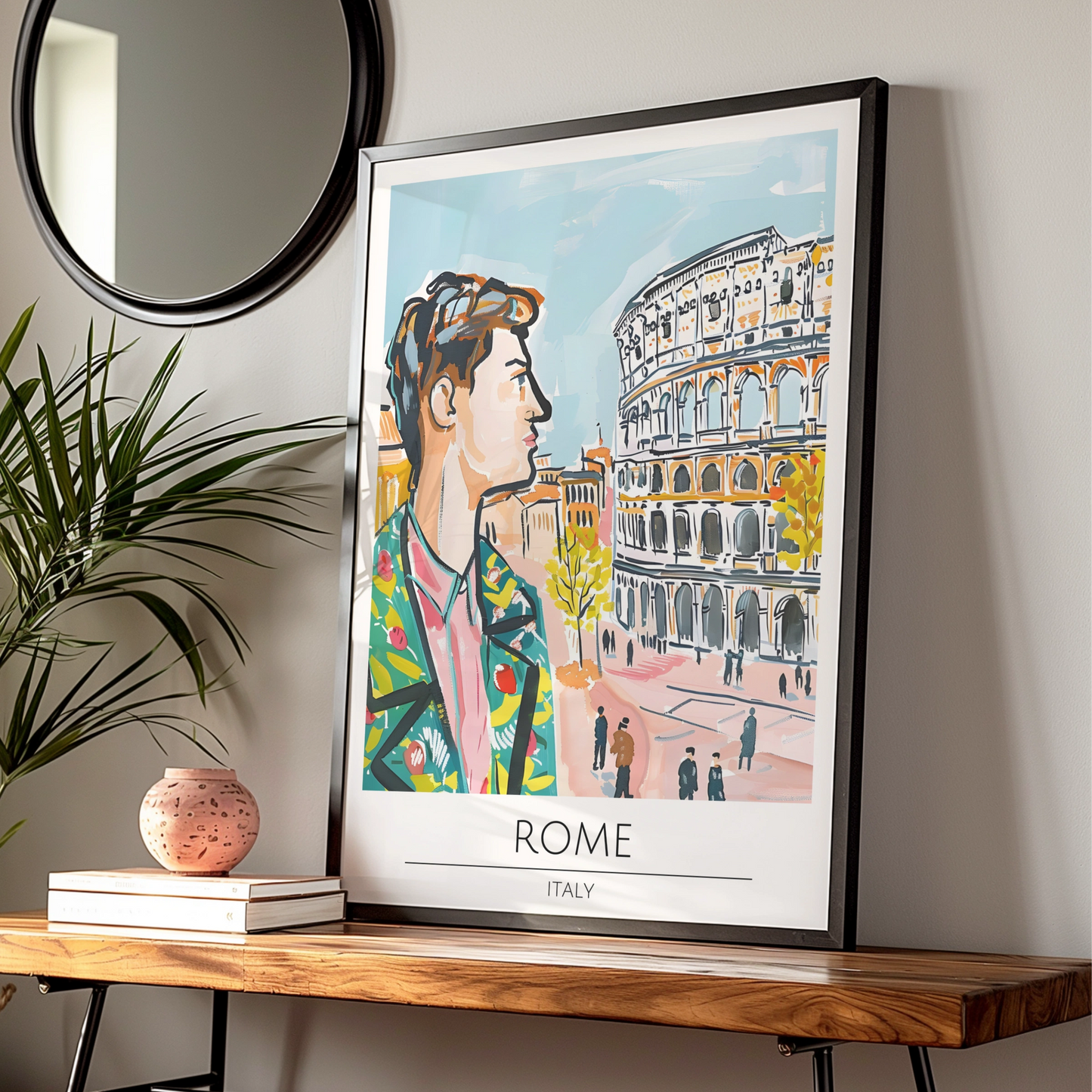 Vibrant Rome Poster, Street Scene Art, Colourful Italian Wall Decor, Colosseum Artwork, Cityscape