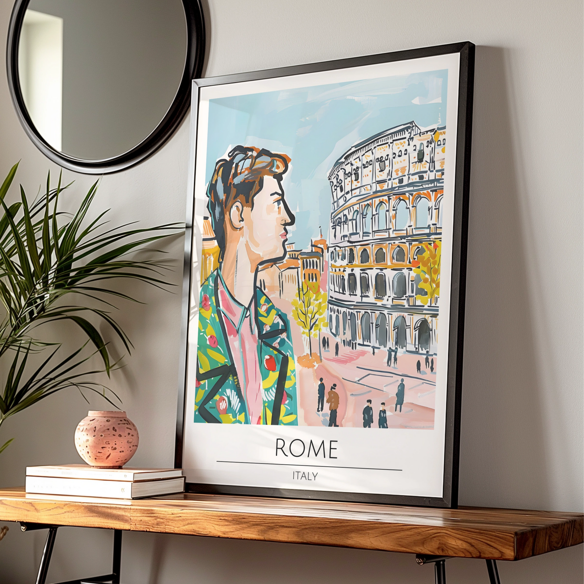 Vibrant Rome Poster, Street Scene Art, Colourful Italian Wall Decor, Colosseum Artwork, Cityscape