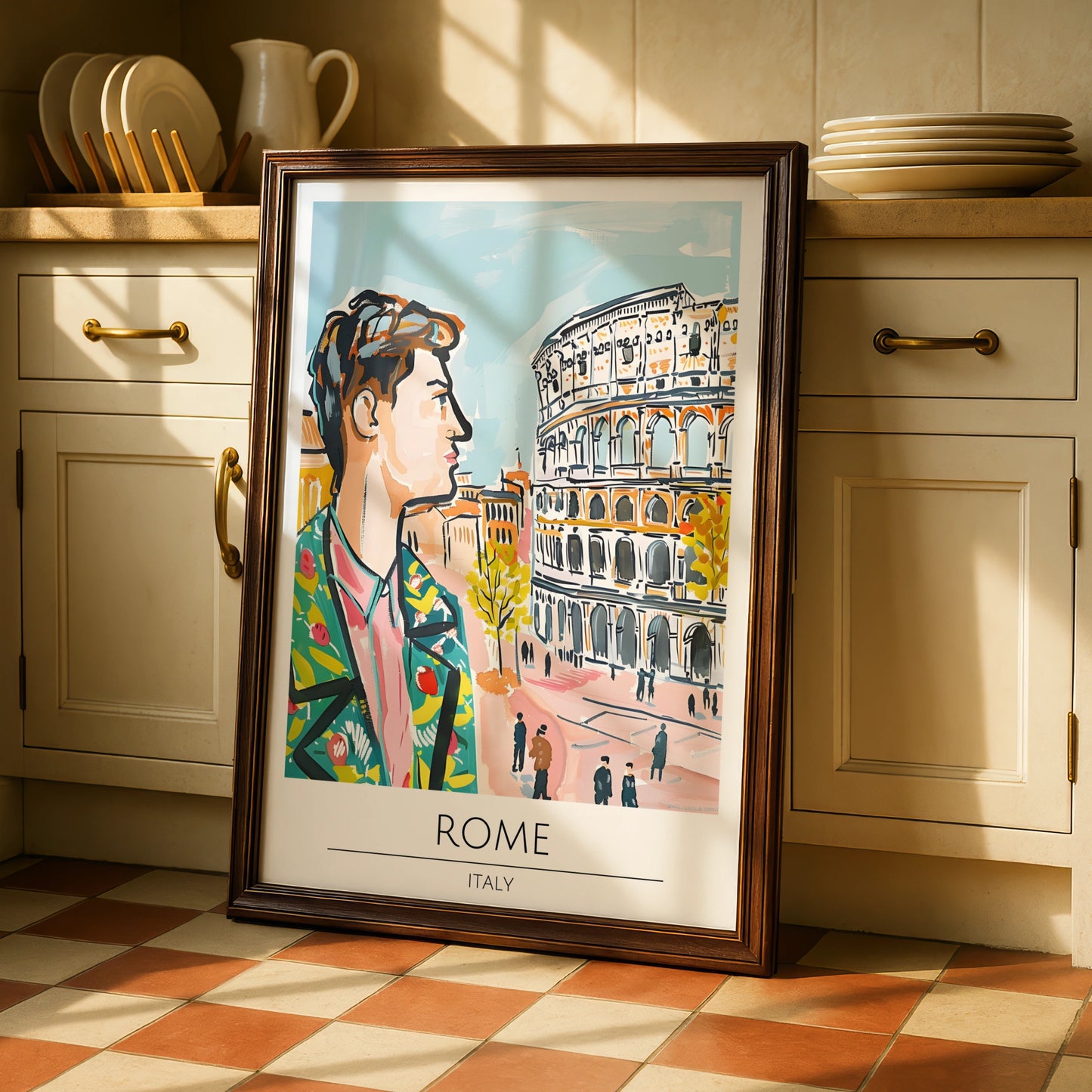 Vibrant Rome Poster, Street Scene Art, Colourful Italian Wall Decor, Colosseum Artwork, Cityscape